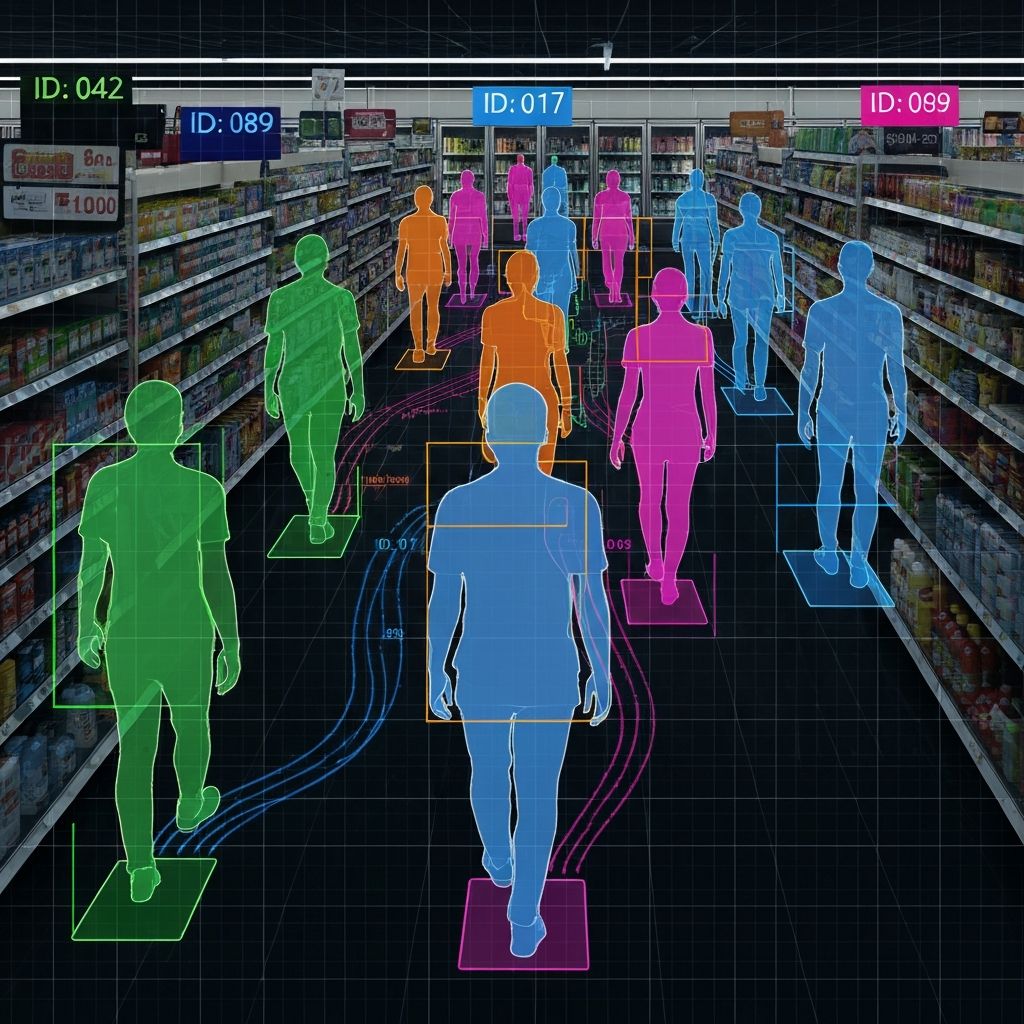 Real-time people tracking with bounding boxes and track IDs in a retail store