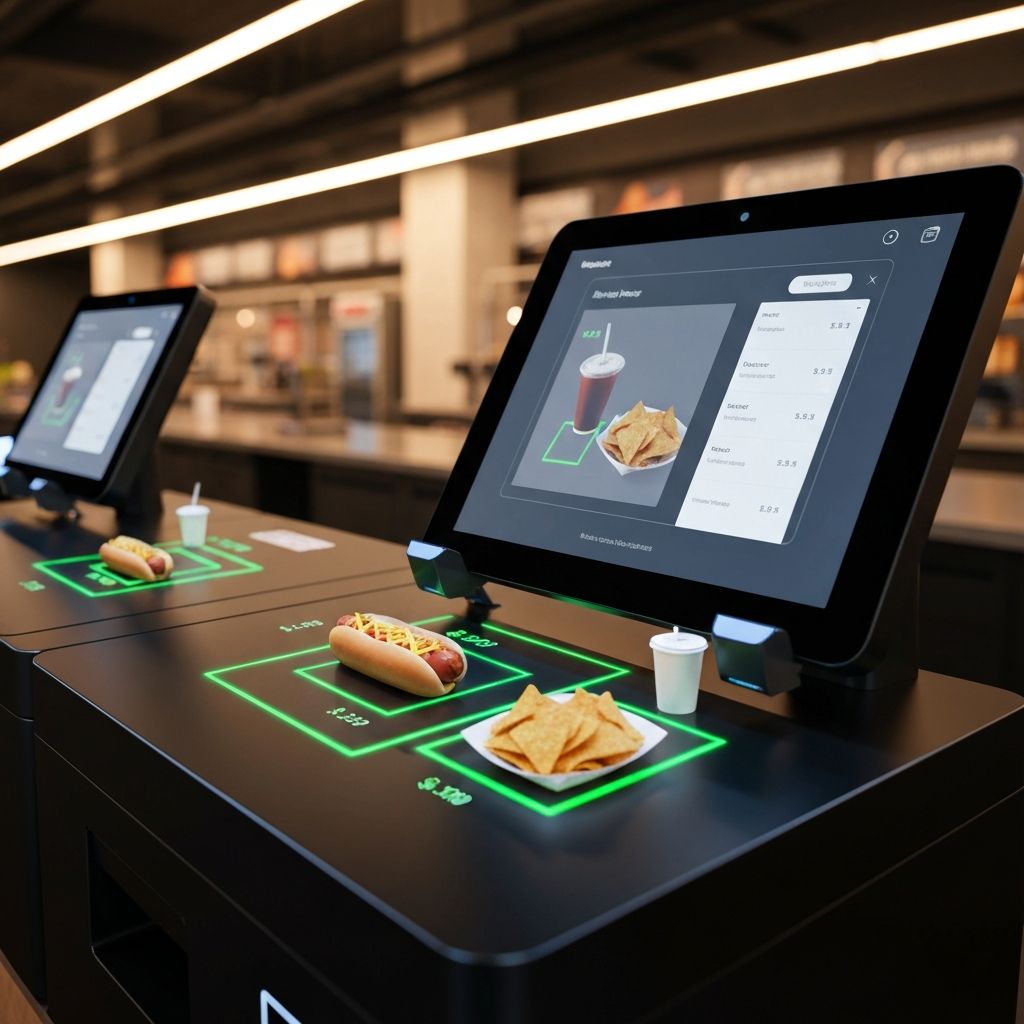 AI-powered self-checkout kiosk at a stadium concession with computer vision item detection